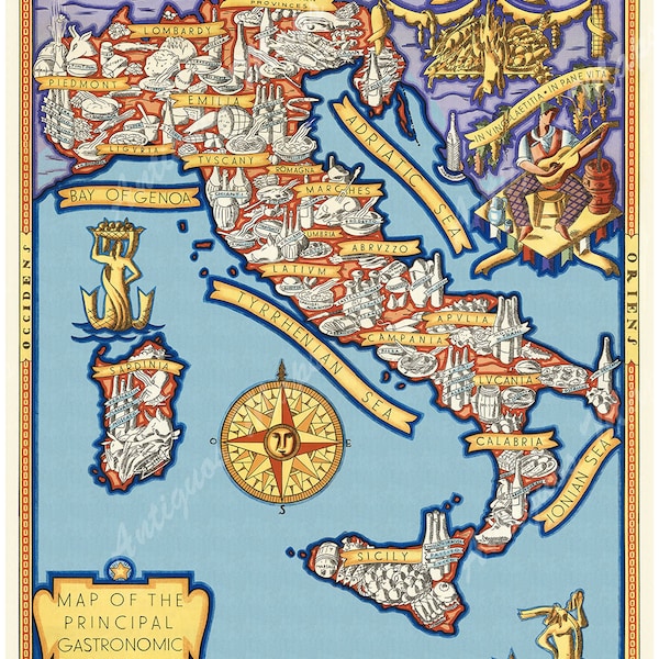 Gastronomic Italy Illustrated Art Deco Kitchen Map by Umberto Zimelli circa 1931 - includes Sardinia and Sicily