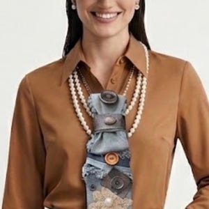 May include: A brown felt cowboy hat, a tan long-sleeved button-down shirt, and a blue denim necktie featuring frayed edges, multiple dark brown buttons, and a central gold-toned floral embellishment with a white pearl center.