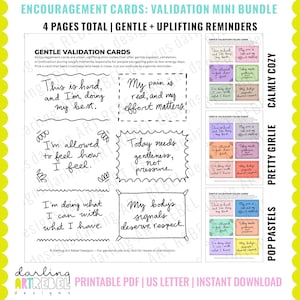 Op de afbeelding: Een printbaar PDF-pakket met aanmoedigingskaarten met zwarte tekst op witte pagina's. De kaarten bevatten zinnen zoals This is hard, and I'm doing my best, My pain is real, and my effort matters, I'm allowed to feel how I feel, en meer.