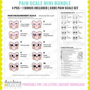 May include: A Pain Scale Mini Bundle printable PDF set featuring heart-shaped characters with varying facial expressions representing pain levels from 1 to 10. Includes a pain measurement scale, a detailed pain guide, and a breathwork guide with text.
