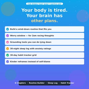 Könnte beinhalten: Eine blaue Infografik mit dem Text: FOR MINDS THAT WON'T SWITCH OFF, Your body is tired. Your brain has other plans. Sie listet sechs Funktionen auf: Build a wind-down routine, Worry window, Grounding tools, 30-night sleep log, 30-day habit tracker und Kinder reframes.