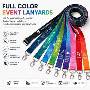 Può includere: Una collezione di cordini per eventi a colori con stampa del logo personalizzata. I cordini sono mostrati in vari colori tra cui nero, blu, verde, rosa, rosso e arancione, ciascuno dotato di un gancio girevole in metallo.