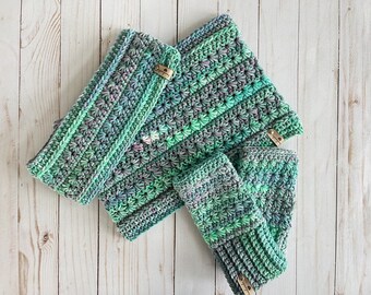 Crochet Headwarmer set; crochet cowl; crochet fingerless gloves; Crochet headband; gift set