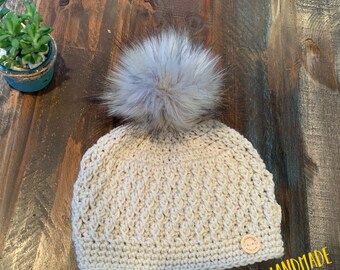 Crochet hat with faux fur pom; crocheted hat; handmade