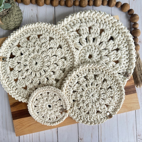 Boho Flower Crochet Coasters & Trivets; macrame; gifting idea