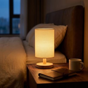 May include: A cylindrical table lamp with a light-coloured fabric shade and a circular wooden base. The lamp emits a warm, soft glow, illuminating the surrounding area. It is positioned on a wooden nightstand next to a closed notebook and a mug.