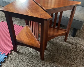 Pair of Ethan Allen American Impressions Corner End Tables - Solid Cherry Mission Style Slatted Triangle Accent Tables, Model 24-8423 Autumn