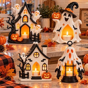 May include: A collection of four ceramic Halloween-themed candle holders featuring white ghosts, black houses, and orange pumpkins. Each piece is illuminated by a small white tea light candle, creating a warm glow through cut-out windows and shapes.