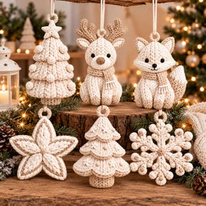 May include: A set of six cream and beige crocheted ornaments featuring a Christmas tree, a reindeer, a fox, a star, a second tree, and a snowflake. Each ornament is crafted with textured yarn and includes a loop at the top for hanging.