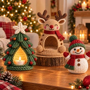 May include: A crochet Christmas tree with a white star topper and red ornaments, a crochet reindeer with a red scarf, and a crochet snowman wearing a red and green hat and scarf. The tree features a hollow center holding a lit tea light candle.