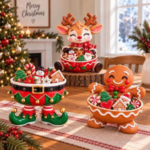 May include: Three decorative Christmas-themed bowls shaped like a reindeer, an elf, and a gingerbread person. Each bowl is filled with assorted holiday-themed cookies, including snowmen, trees, and stars, featuring vibrant red, green, and brown colors.