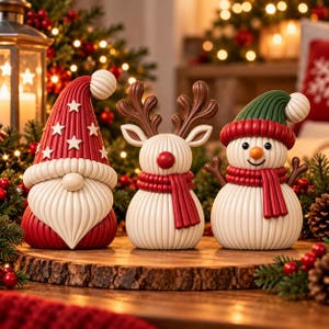 Pode incluir: Um conjunto de três figuras natalícias composto por um gnomo com gorro vermelho de estrelas, uma rena com hastes castanhas e cachecol vermelho, e um boneco de neve com gorro verde e cachecol vermelho, todos com textura canelada.