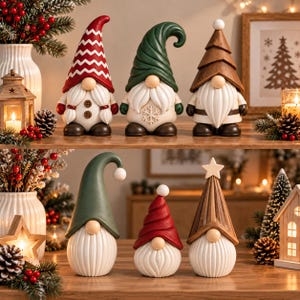 Può includere: Sei statuette decorative a forma di gnomo disposte su due ripiani in legno. Gli gnomi presentano vari design di cappelli, tra cui motivi a chevron rossi, verde tinta unita e forme ad albero marroni, con barbe bianche e stivali scuri.