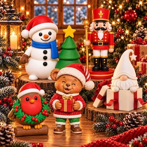 Könnte beinhalten: Eine Sammlung von Weihnachtsfiguren, darunter ein Schneemann mit blauem Schal, ein grüner Weihnachtsbaum, ein roter Nussknacker, ein Rotkehlchen mit Kranz, ein Teddybär im roten Pullover mit Geschenk und ein Wichtel in einer weißen Geschenkbox.