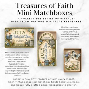 May include: Treasures of Faith Mini Matchboxes featuring July Faith in Full Bloom text. The set includes a decorated matchbox with a blue mailbox and watering can illustration, plus an open box containing a butterfly, lamb, and floral cards.