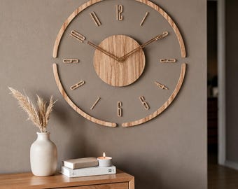 Large Modern Wall Clock – Light Oak and Rose Gold Finish for Japandi Living Room.