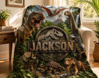 Personalized Dinosaur Flannel Blanket: Custom Jurassic Throw for Boys Room Decor