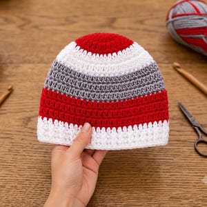 May include: A crocheted beanie featuring horizontal stripes in red, white, and gray. The hat is constructed with a dense stitch pattern, starting with a solid red crown, followed by alternating bands of white, gray, and red, ending with a white brim.