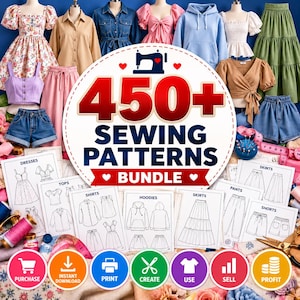 May include: A digital bundle of 450+ sewing patterns featuring various clothing illustrations like dresses, tops, shirts, hoodies, skirts, pants, and shorts. The graphic includes a sewing machine icon and text reading 450+ SEWING PATTERNS BUNDLE.