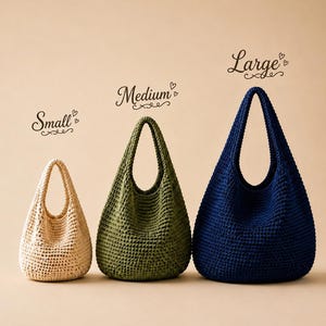 May include: Three crochet hobo bags in different sizes and colours. The small bag is beige, the medium bag is olive green, and the large bag is navy blue. Each bag features a single integrated handle and is labelled with the text Small, Medium, or Large.