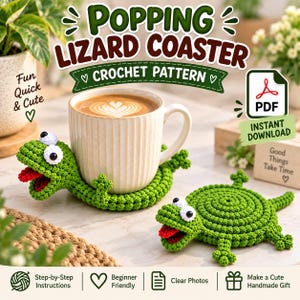 Patrón de posavasos de ganchillo Tom Lizard Popping, taza de amigurumi de lagarto, portavasos, decoración digital - PDF descargable