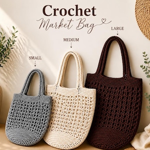 Crochet Market Tote Bag Pattern PDF, Foldable Shopper, Reusable Beach bag, 3-Sizes, Instant Download