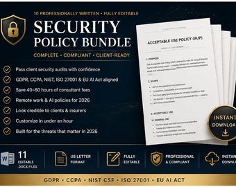 Cybersecurity Policy Bundle | 10 Editable Word Templates (GDPR, NIST, ISO 27001)