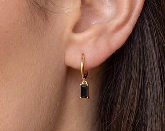 18K Gold Filled Baguette Black CZ Huggie Hoop Earrings, Black Stone Drop Hoops, Minimalist Gold Earrings, Elegant Everyday Jewelry Gift