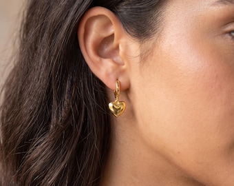 18K Gold Filled Heart Drop Huggie Hoop Earrings, Dainty Heart Charm Hoops, Minimalist Gold Earrings, Romantic Everyday Jewelry Gift