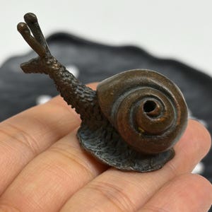 May include: A small, dark bronze-toned metal snail figurine featuring a textured body and a smooth, spiraled shell. The snail has two prominent, upright eye stalks and a detailed, bumpy surface texture across its head and neck area.
