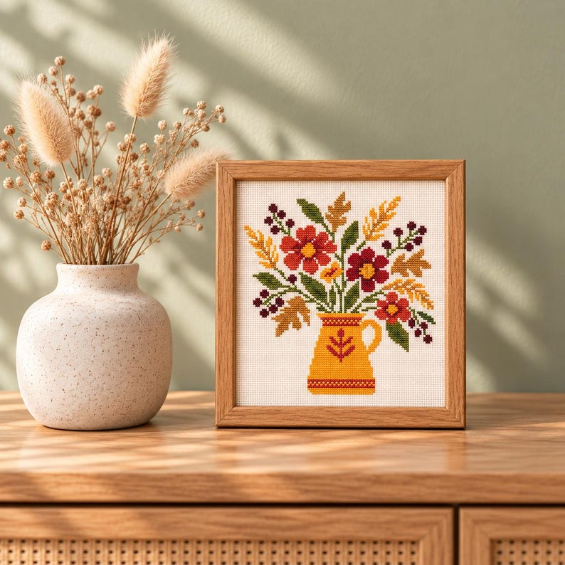 Stich Fall Drawing Autumn Bouquet Cross Stitch Pattern PDF, Blue Flowers in Yellow Vase ...