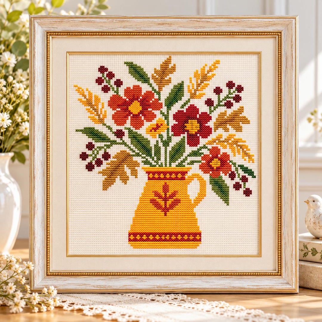Stich Fall Drawing Autumn Bouquet Cross Stitch Pattern PDF, Blue Flowers in Yellow Vase ...