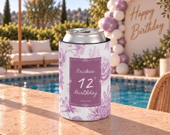 Personalized Birthday Can Cooler | Purple Floral Birthday Favor | Slim and Regular Can Cooler | Party Favor | Can Coozies | Can Koozies