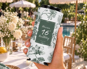 Porte-canette personnalisé pour anniversaire | Cadeau d'anniversaire floral vert | Porte-canette fin et standard | Cadeau d'invité | Housses pour canettes | Koozies pour canettes