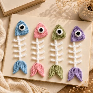 Mönster för virkad fiskbensapplikation i PDF-format, bokmärkesmönster för fiskskelett, enkel virkapplikation för nybörjare, handledning för amigurumi med fiskben