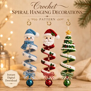 May include: Three crochet spiral hanging decorations featuring a snowman in a blue hat, Santa Claus, and a Christmas tree. Each ornament has a central beaded string, a decorative bow, and a jingle bell at the bottom. Text reads Crochet Spiral Hanging Decorations Pattern and Instant Digital Download.