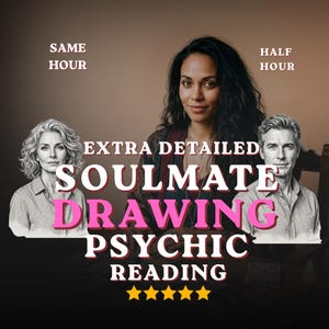 以下が含まれることがあります： 上部にSAME HOURとHALF HOUR、中央にEXTRA DETAILED SOULMATE DRAWING PSYCHIC READING、下部に5つの黄色い星、そして暗い背景に3人の人物のイラストが描かれたデジタルグラフィック。