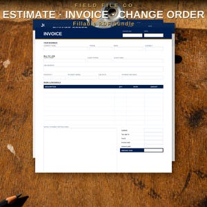 Pode incluir: Um modelo de fatura em PDF preenchível na cor branca com cabeçalhos azul-escuro e seções para informações da empresa, detalhes do cliente, endereço do trabalho, descrição de trabalhos e materiais, quantidade, taxa, valor e instruções de pagamento.