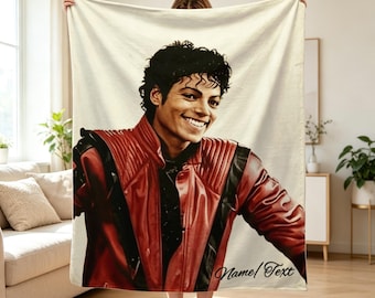 Custom Name Pop Star Flannel Blanket, Retro 80s Music Icon Soft Cozy Throw, Red Jacket Smiling Portrait Blanket, Gift for Music Fan