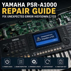 以下が含まれることがあります： ケースが開かれたヤマハPSR-A1000キーボードで、内部の回路基板が見えています。画面には「Unexpected error hisysdwn.c/133」というエラーメッセージが表示されています。黄色いマルチメーター、ドライバー、修理手順が書かれたメモ帳が置かれています。