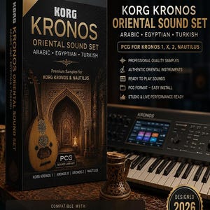 以下が含まれることがあります： Korg Kronos Oriental Sound Set 2026 Editionの黒い製品ボックス。ウードのイラストと、Kronos 1、X、2、Nautilusシンセサイザーとの互換性を示すテキストが記載されており、横には黒いキーボードと小さな装飾用の容器が置かれています。