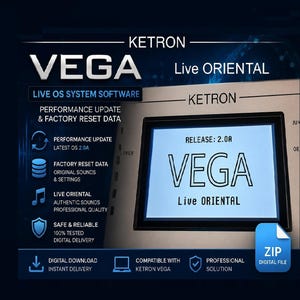 May include: Ketron VEGA Live Oriental Live OS System Software update and factory reset data. The digital file includes performance updates, original sounds, and settings for the Ketron VEGA. The screen displays Release 2.0A and Live Oriental.
