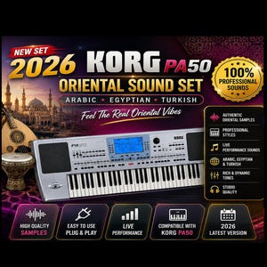 May include: A silver Korg PA50 electronic keyboard with a central blue display screen, black speakers, and white and black keys. The background features text reading 2026 Korg PA50 Oriental Sound Set, Arabic, Egyptian, Turkish, and Feel The Real Oriental Vibes.