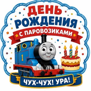 Può includere: Un cartello decorativo con una locomotiva a vapore blu con il numero uno, una torta di compleanno con tre candeline accese e il testo in russo "ДЕНЬ РОЖДЕНИЯ С ПАРОВОЗИКАМИ" e "ЧУХ-ЧУХ! УРА!" su sfondo bianco con coriandoli colorati.