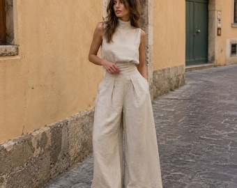 Leinen Tencel Zweiteiler Set | Ärmelloses Top, Hose mit weitem Bein, Urlaubs Outfit