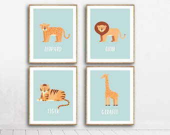Safari Animals Nursery Decor - Four 11x14" Prints (Lion, Giraffe, Leopard, Tiger) - Nursery Art for Bedrooms, Playrooms, or Classroo