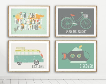 Baby Adventure and Explore Poster Prints, Set of Four Prints, World Map, Submarine, Bus, Bicycle, Nursery Decor, Nursery Art, Modern Nursery