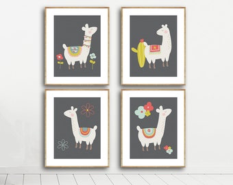 Llama Art Nursery Decor - Set of Four 11x14" Prints (Llama Set) - Educational and Beautiful Pictures for Bedrooms, Playrooms or Classrooms