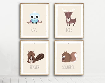 Woodland Animals Nursery Decor - Four 11x14"  Prints (Deer, Owl, Squirrel, Bear) - Educational Art for Bedrooms, Playrooms, or Classrooms