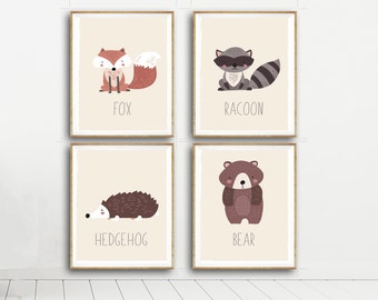 Woodland Forest Animals  - Nursery Decor - Set of Four 11x14"  Prints (Fox, Bear, Hedgehog, Racoon) - Bedrooms, Playrooms, or Classrooms